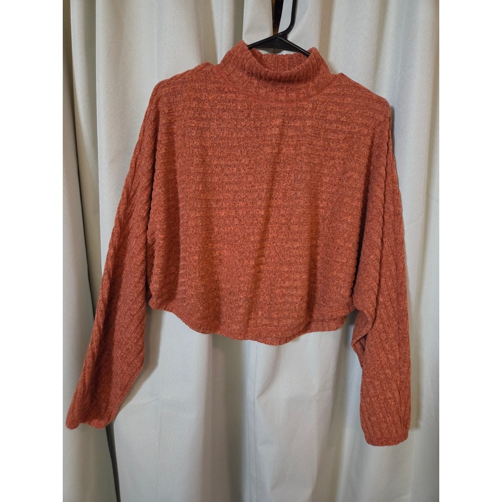 Hyfve Womens Rust Orange Ribbed Mock Neck Cropped Dolman Sweater Large